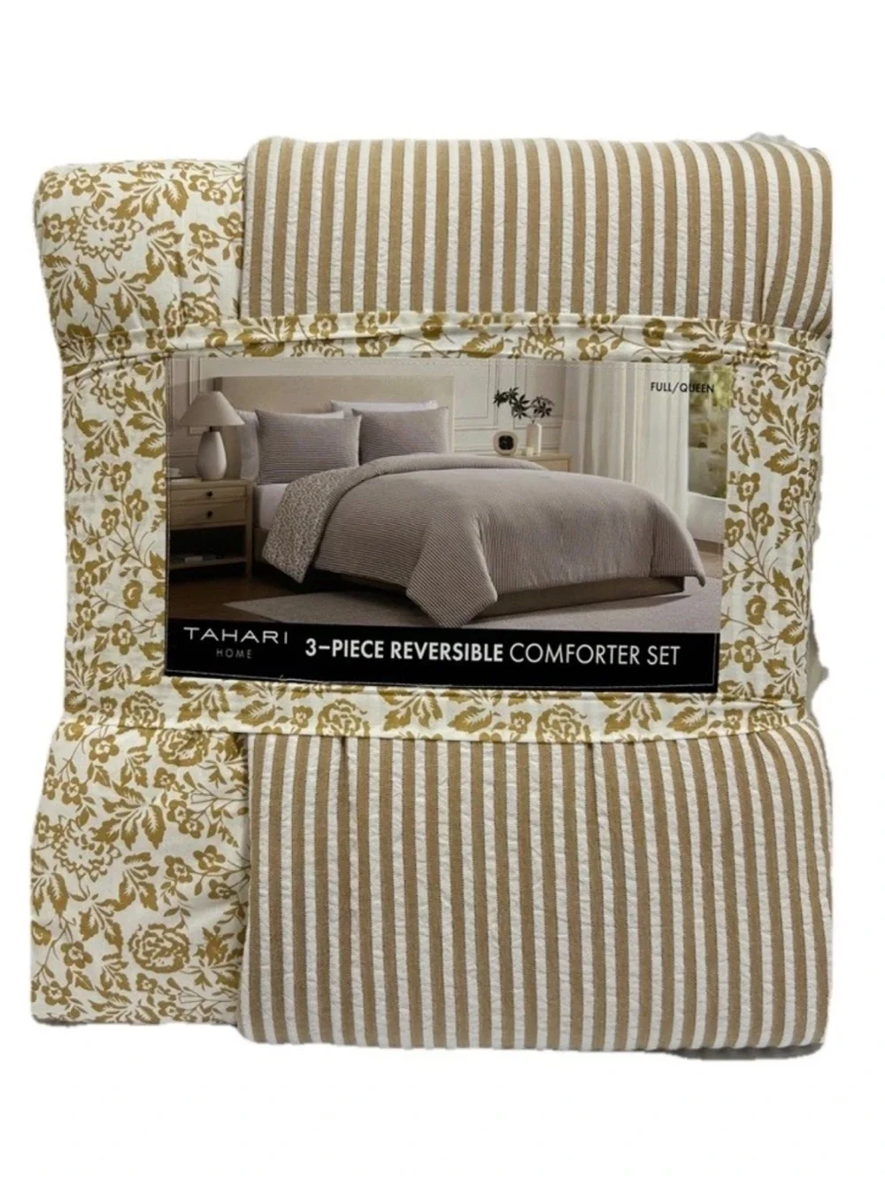 Tahari Brown and White Striped Reversible To Floral Queen Comforter Set 90”x90”